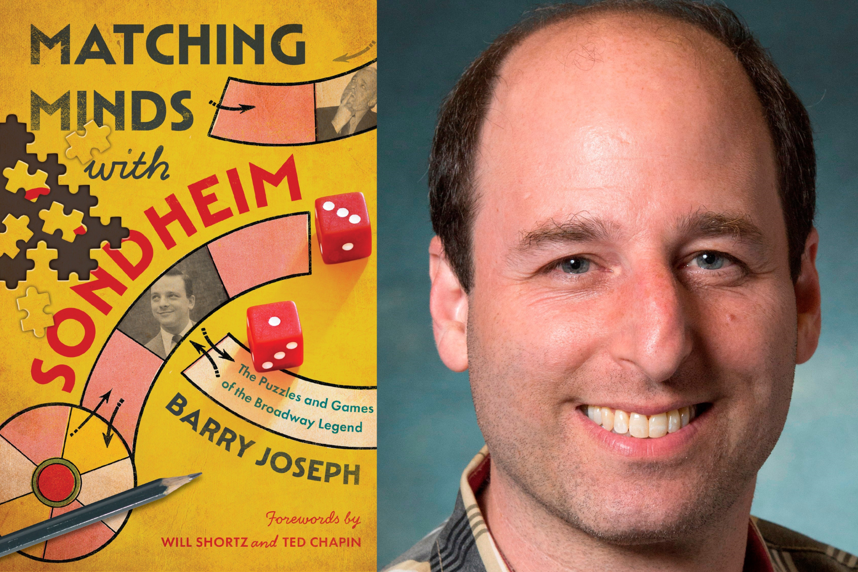 A book cover with various board games and a picture of a man smiling